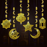 AhfuLife 6 Pcs Eid Mubarak Decorations - Preassembled Hanging Golden Islamic Star Moon Lantern - Reusable Eid Garland Streamer Eid Ramadan Ceiling Decorations for Indoor Outdoor Home Party Decor